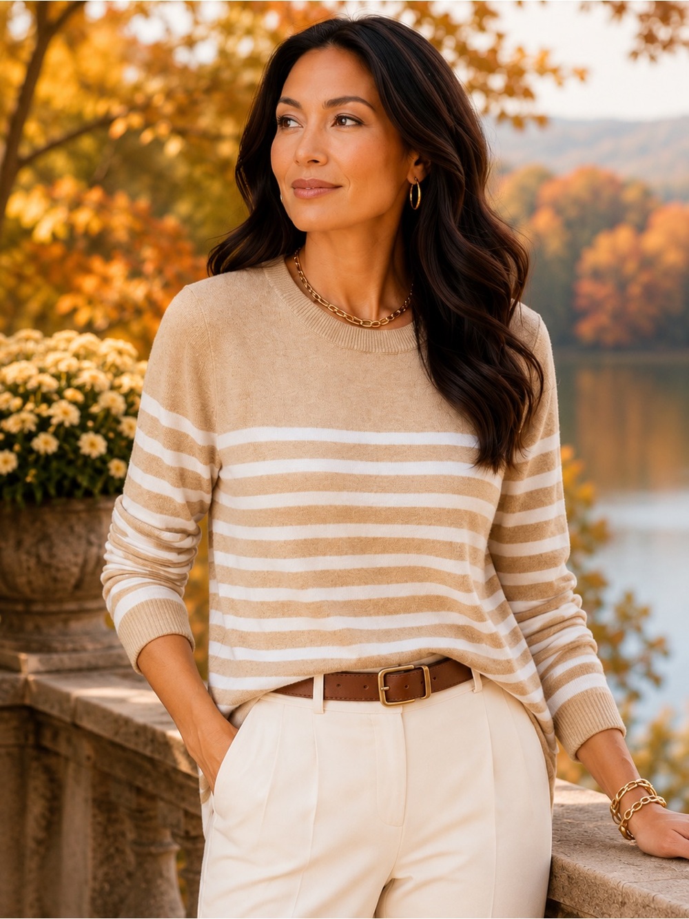 J.Crew Teddie 100% Cotton Striped Sweater Tan White XS Small Classic Nautical